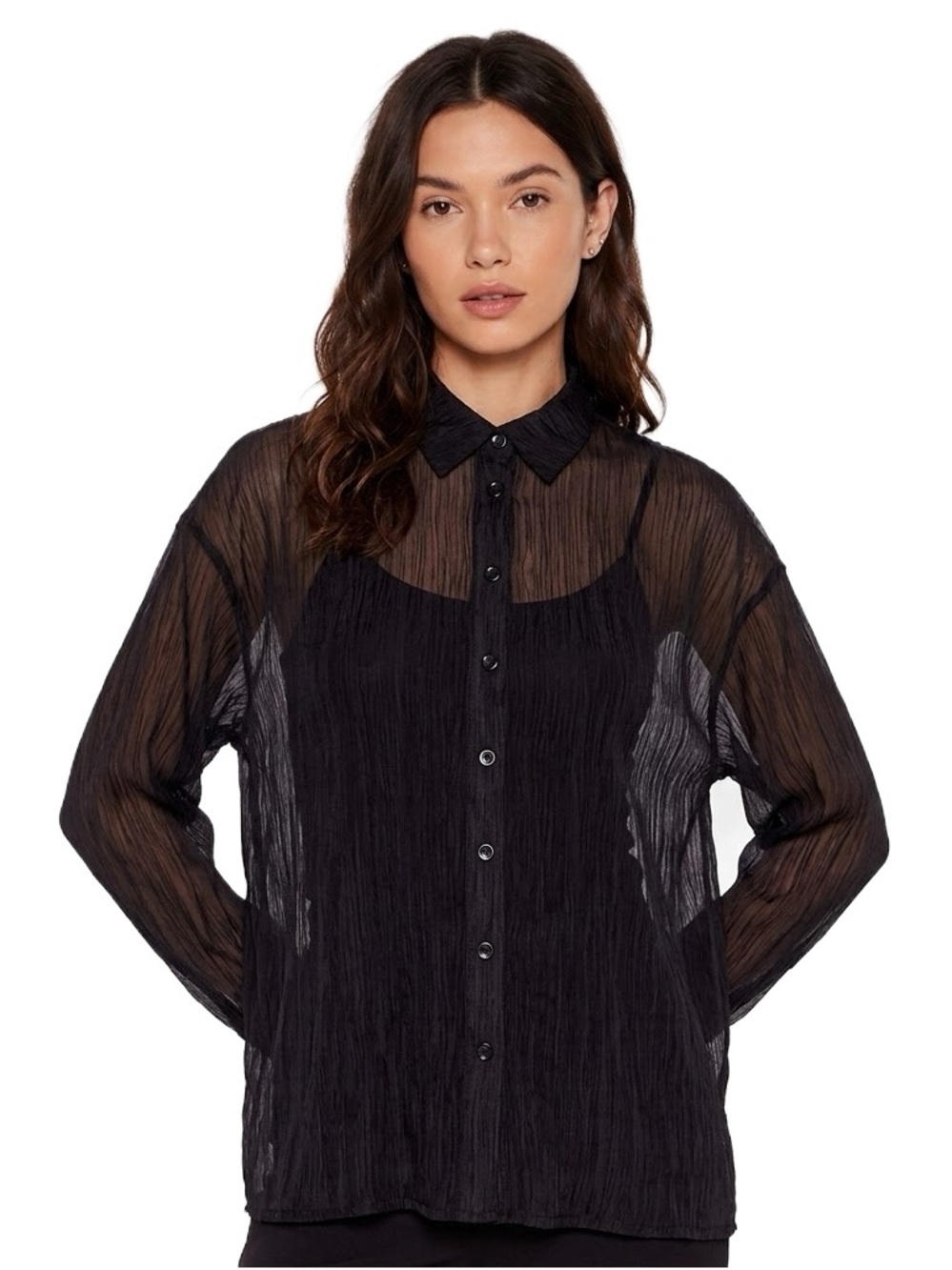 Nasty Gal Black Sheer Crinkle Texture Long Sleeve Button-Down Shirt Blouse Top